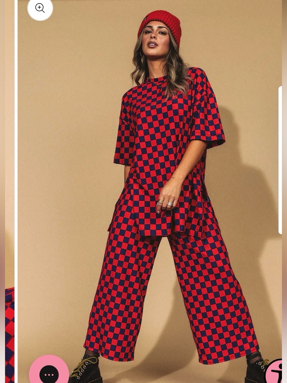 Dressed in Lala Checkered Crop Wide-Leg Pants & Tunic Set, Red & Purple 2XL